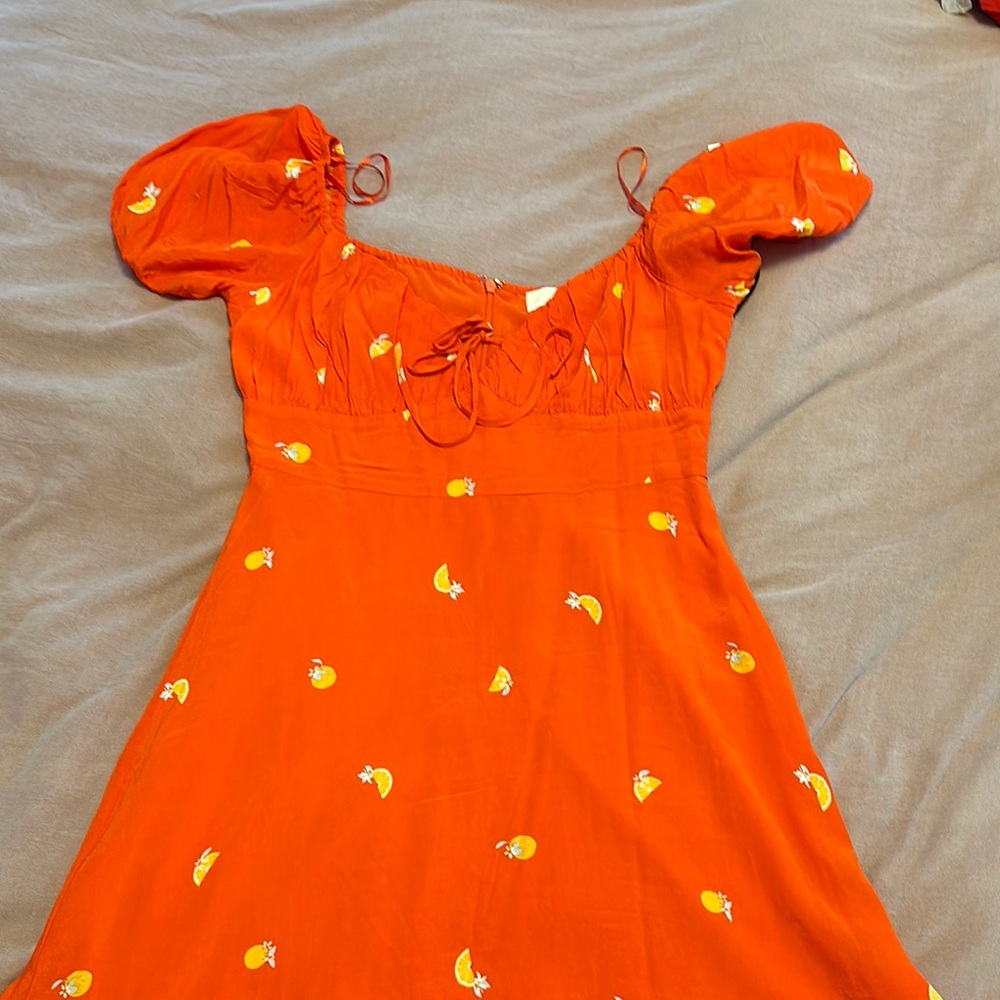 Orange Puff Sleeve Dress with Floral Accents